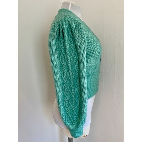 VTG 90s y2k Green Knit Cropped Sweater Mutton Sleeves Cable Argyle Cardigan Med - Picture 11 of 16